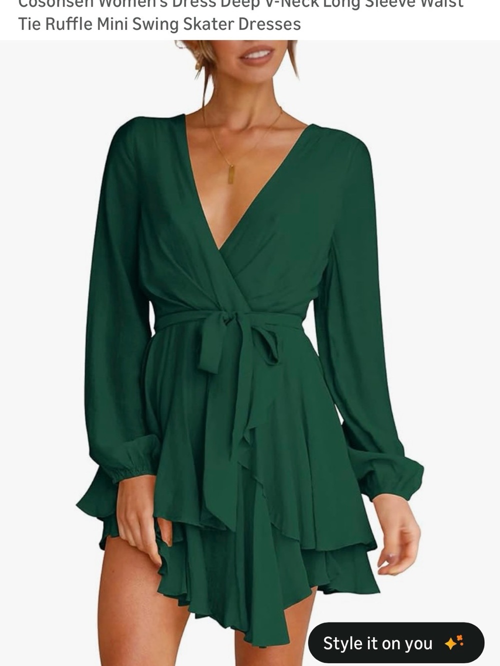 Deep Green Long Sleeve Dress with Waist Tie and zipper back